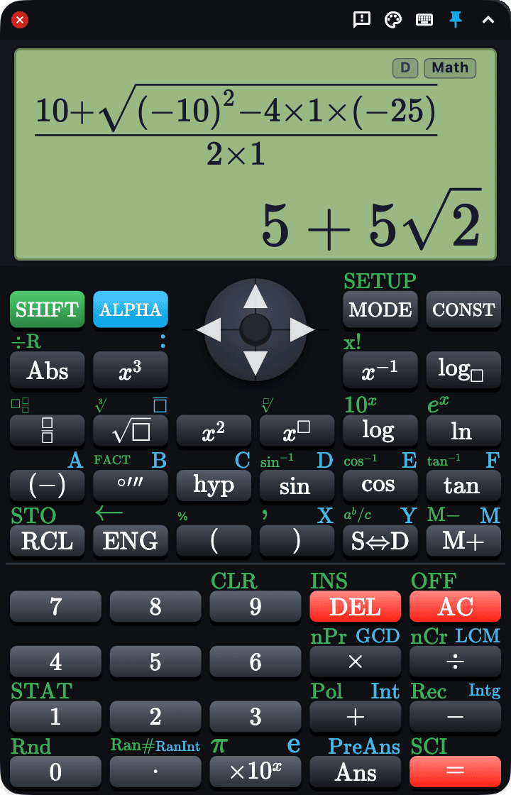 HubzillaCalc on Mac solving the quadratic formula, with the exact answer 5 + 5√2