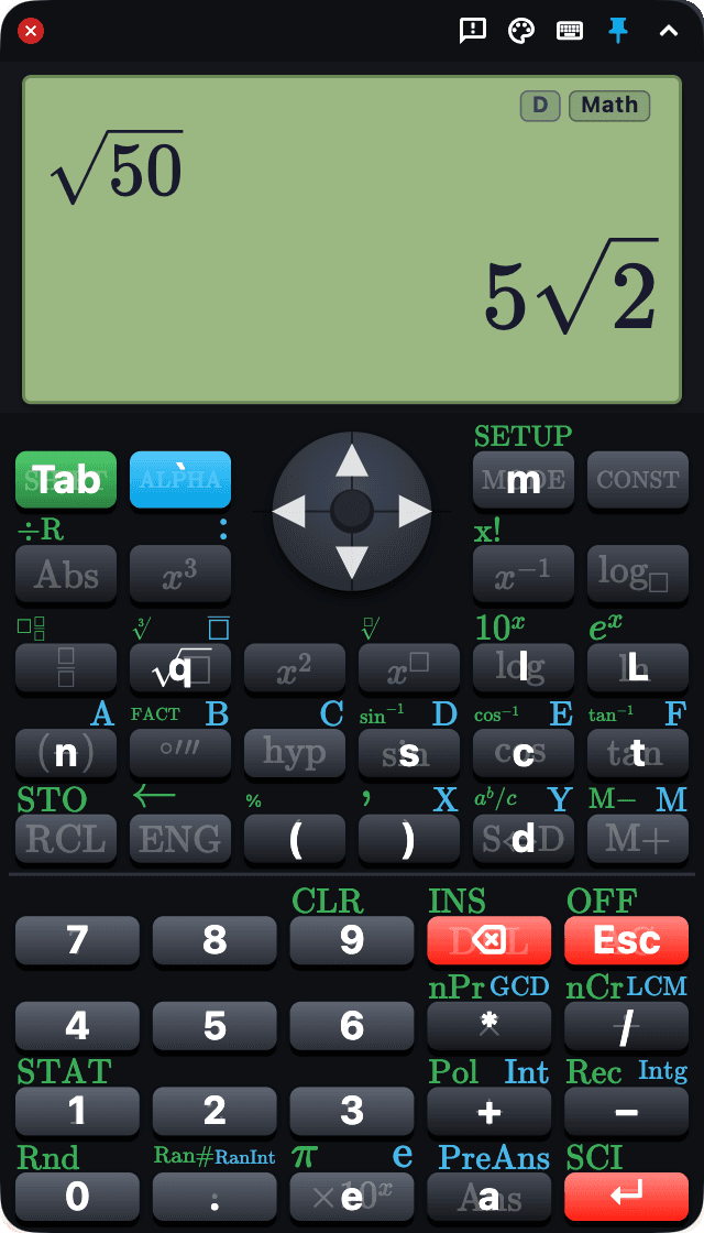 HubzillaCalc with keyboard shortcuts overlaid on the matching keys