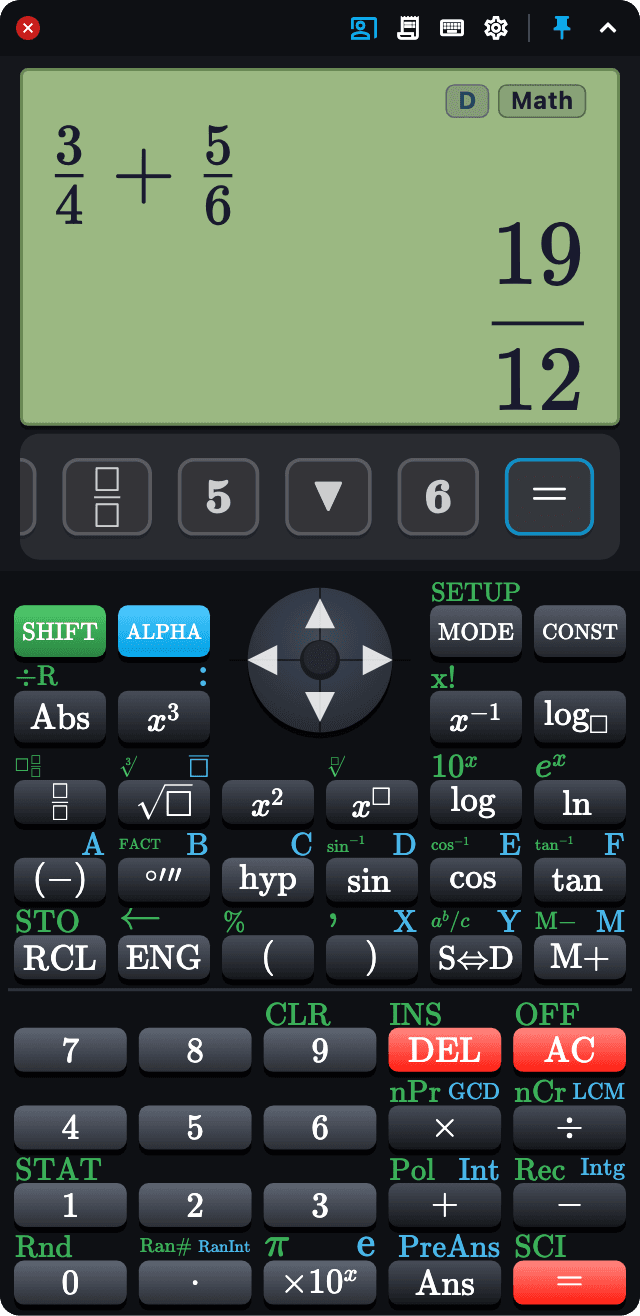 HubzillaCalc in presentation mode, with the keys just pressed in a strip below the screen